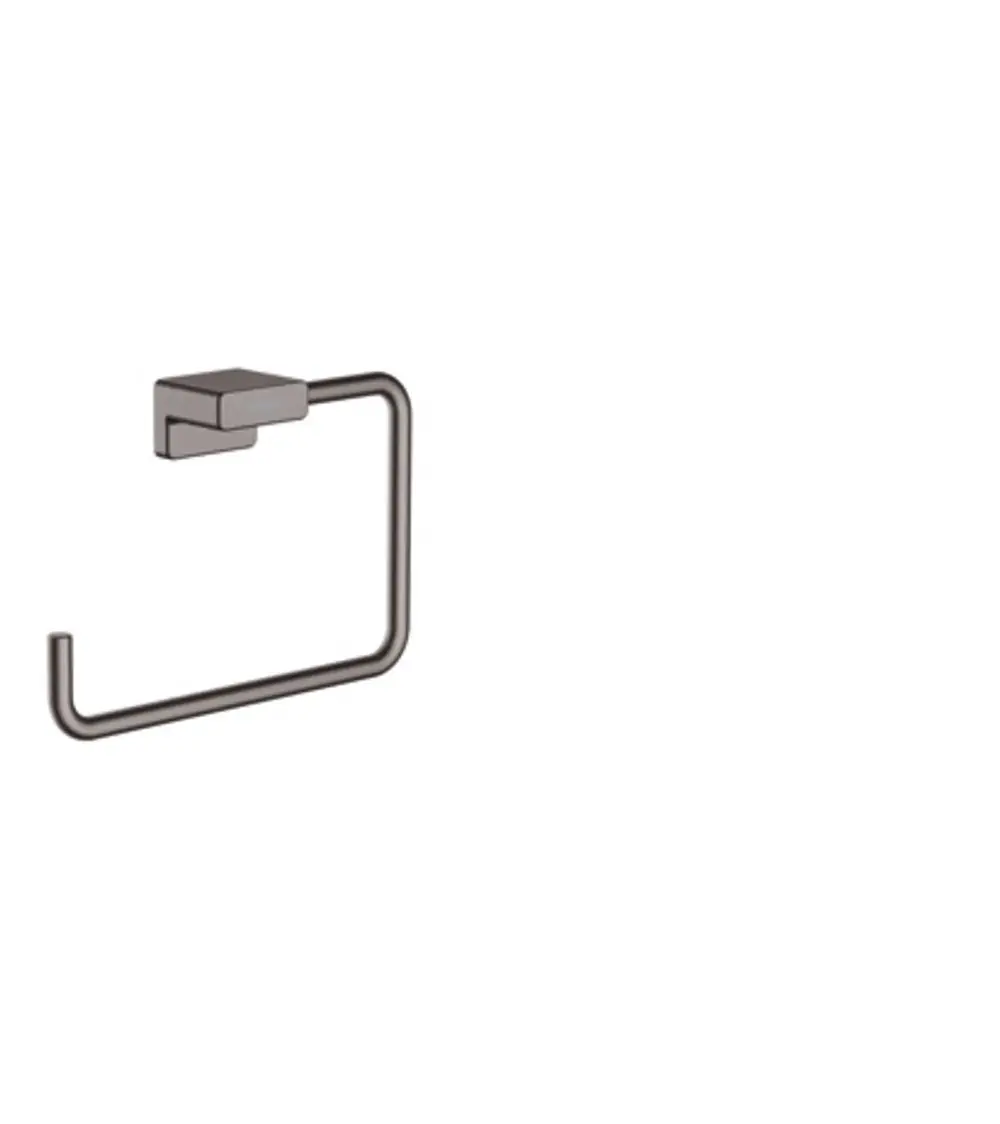Handtuchring aus gebürstetem Schwarzchrom von Hansgrohe, mit quadratischem Halter und einem minimalistischen Design. An einer hellen Wand montiert.